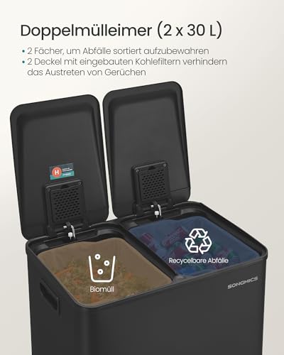 SONGMICS Mülleimer Küche, 2 x 30 Liter, 2 Fächer, mit Softclose-Deckel – Ansicht 3