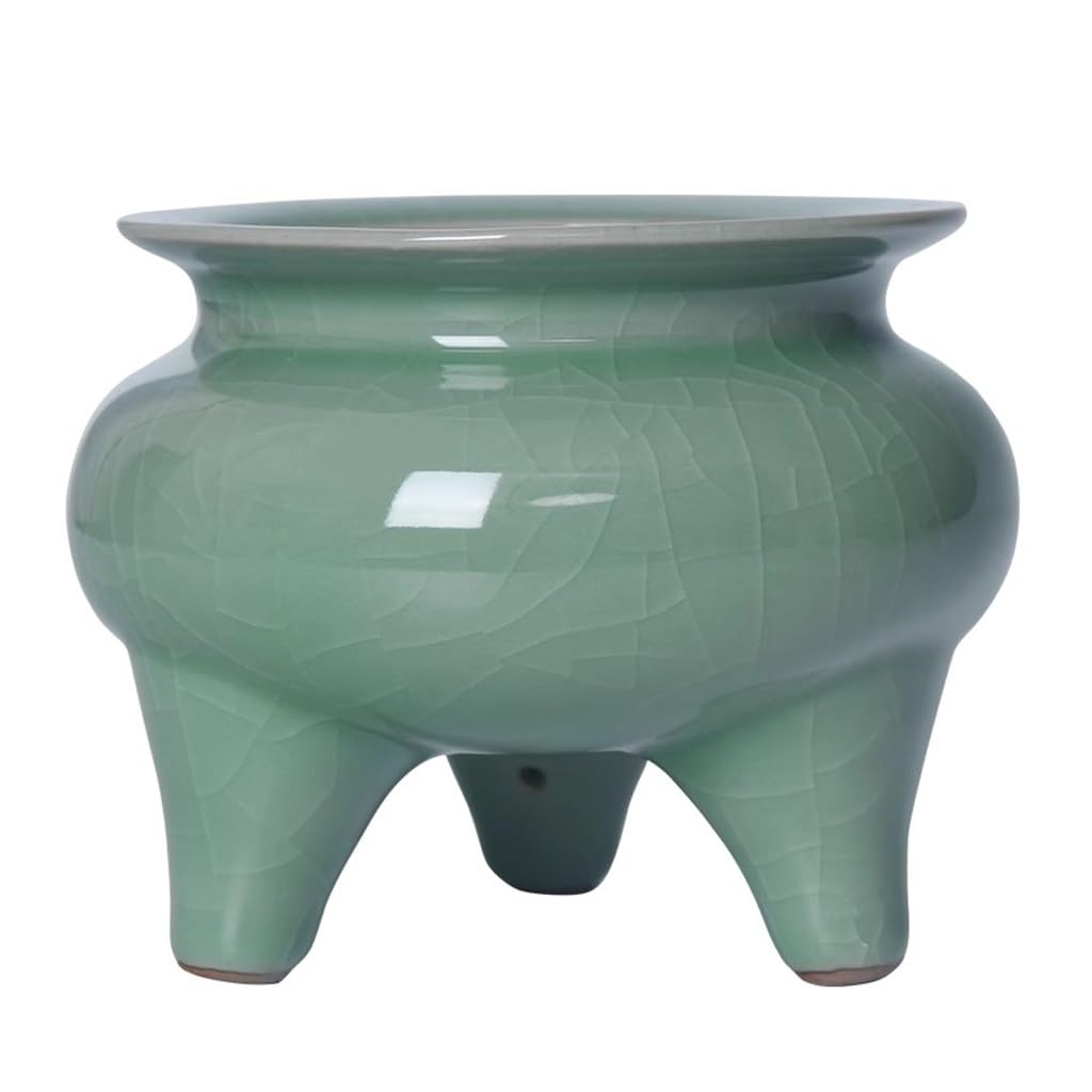 Incense Holder Base Celadon Incense Burner for Buddha Worship Flat-mouth Three-legged Furnace Household Indoor Offering Bowl