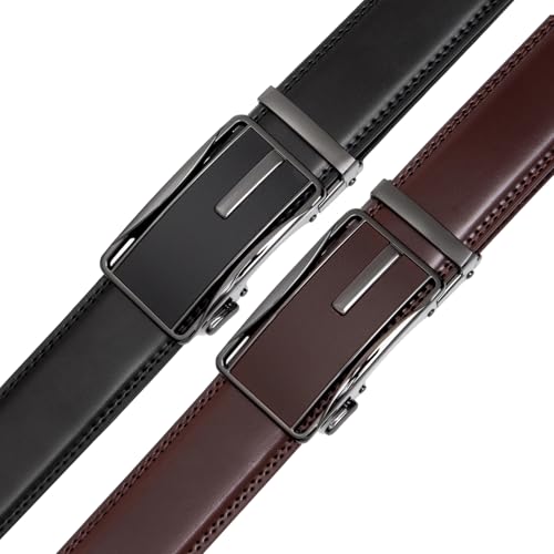 Image of 2 Pack Ratchet Belt 1 3 /8 inch, Mens leather Dress Belt in Gift Set Size 28 inch-62 inch Adjustable waist Trim to Fit