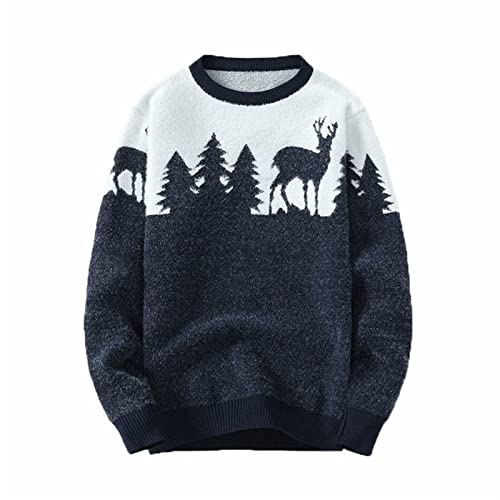 XMAIYIF (Wool) Sweater Mens Grassland Elk Vintage Oversize Knitted Sweater Long Sleeve Round Neck Knitted Pullover Jumper Sweater(Black,XL)
