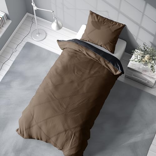 Leonado Vicenti Feinbiber Bettwäsche 135x200 2 teilig Premium 100% Baumwolle warme Biber Bettbezug Kissenbezug Winter Braun Anthrazit