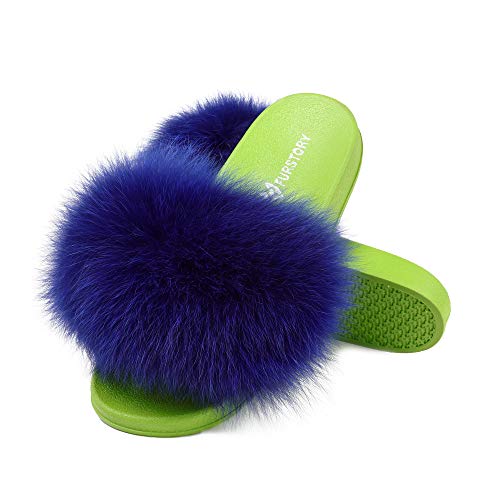 Women's Fox Fur Slides Furry Slides for Outdoor Fluffy Sandals Open Toe Fur Slippers(Green/Blueï¼Œ8.5)