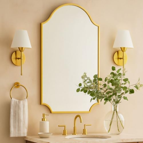Image of TEHOME Scalloped Brushed Gold Bathroom Mirror, Brass 24x36'' Decorative Bathroom Vanity Mirror