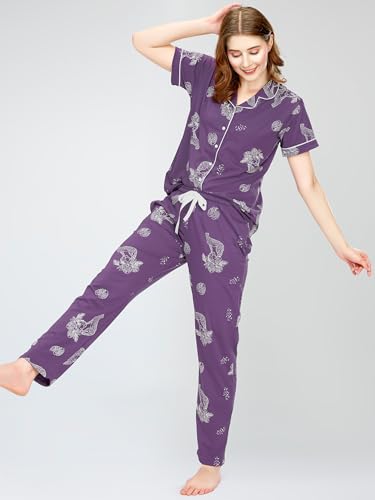 Image of ZEYO Night Suit for Women's Floral & Cheetah Printed Cotton Night Dress of Shirt and Pajama Set 5755