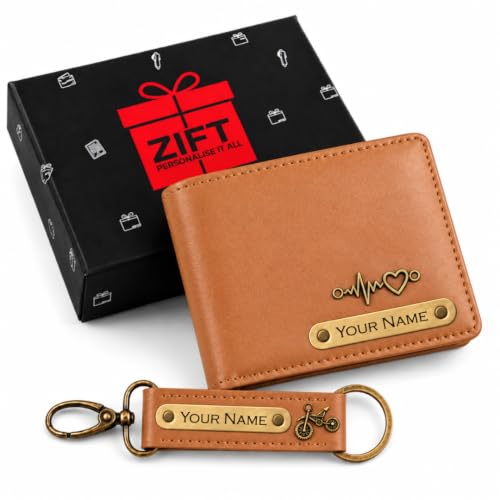 Image of Zift Personalized Name & Charm Leather Wallet & Keychain Gift Set for Men | Custom Name Engraved Wallet with Keychain | Birthday Anniversary Diwali Corporate Gifts for Men (Caramel Tan)
