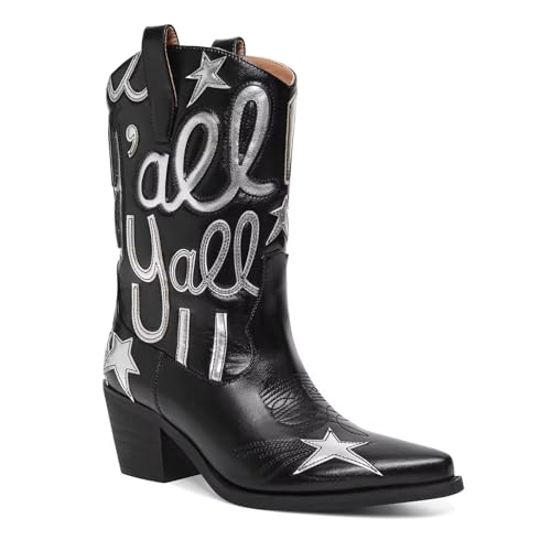 Metallic Cowboy boots for Women Mid Calf Low Heel Pointed Toe Womens Cowgirl Boots Fashion Embroidery Western Pull On Boots
