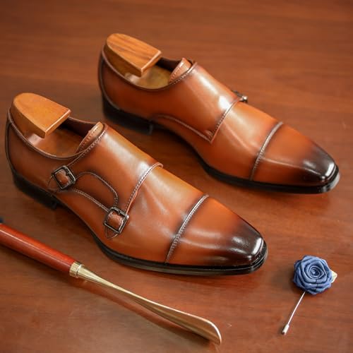 Men's Genuine Leather Double Monk Strap Dress Loafers Fashion Classic Cap Toe Low Top Slip On Dress Oxford Shoes Business Casual Office Wedding Formal Shoes4