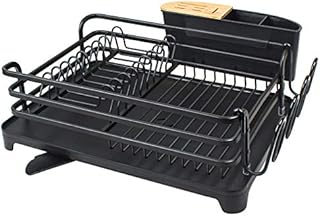 BRIAN & DANY Aluminum Dish Drainer, Dish Drying Rack with Removable Cutlery Holder & Cup Holder, Unique 360° Swivel Spout Drain Board, Black