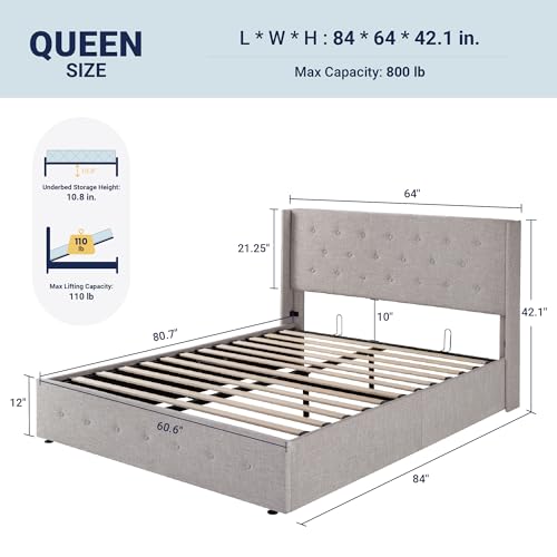 image for Allewie Queen Size Lift Up Storage Bed, Button Tufted Headboard With W