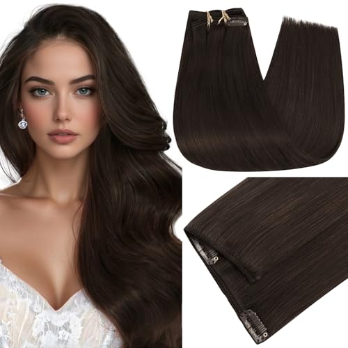 Image of Full Shine Dark Brown Thick Clip in Hair Extensions, 16 Inch 135g 7Pcs | Remy Human Hair Triple Weft Clip Ins for Natural Volume, Lightweight Comfort, Everyday Wear, Fine to Medium Hair