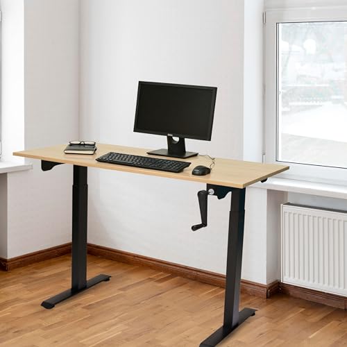 Image of Manual Height Adjustable Non-Electric Sit-Stand Workstation Smooth Hand Crank Lift System Sturdy Stee (Black Frame | Highland Pine, 120X 60 cm | 4x2ft | 48x24 Inches)