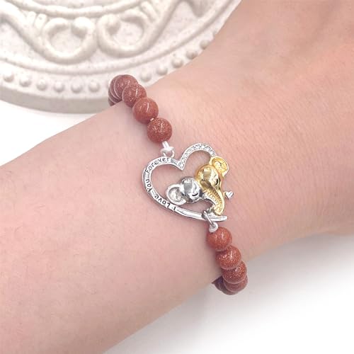 Image of Double Elephant Heart Charm Natural Crystal Bracelet, Treatment Stone Bracelet Calm Stretch Bracelet Women's Stress Relief Gift for Moms I Love You Couple Jewelry