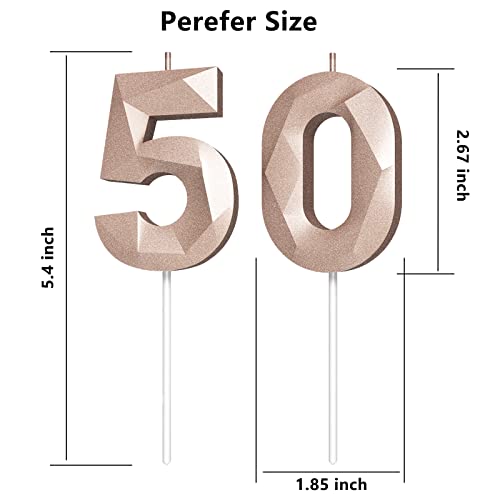 Number Birthday Candles(50 Candle Rose Gold) 3D Diamond Shape Number Happy Birthday Cake Candles for Birthday Party Wedding Decoration Reunions Theme Party - Thumbnail 2