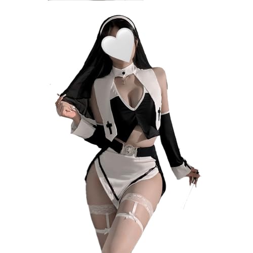 ZYTC Conjunto de lencería de monja para mujer, disfraz de sirvienta de anime para fiestas temáticas, ropa de club, Negro, Altoa única
