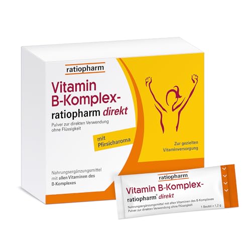 Vitamin B-Komplex-ratiopharm direkt: Alle 8 B-Vitamine auch für Vegetarier. Direktpulver mit Pfirsichgeschmack ohne tierische Inhaltsstoffe bei Mehrbedarf an B-Vitaminen, 20 Beutel