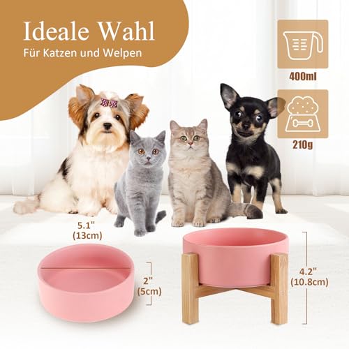 Futternapf Katze Fressnapf Katze Katzennapf - Erhöht mit Napfständer Holz und Rutschfesten Füßen - Hundenapf Keramik für Katzen Hunde Welpe Futter und Wass - 400ml - Rosa