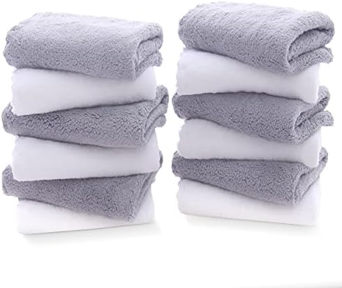 12 Pack Premium Washcloths Set - Quick Drying- Soft Microfiber Coral Velvet Highly Absorbent Wash Clothes - Multipurpose Use as Bath, Spa, Facial, Fingertip Towel (Grey and White)