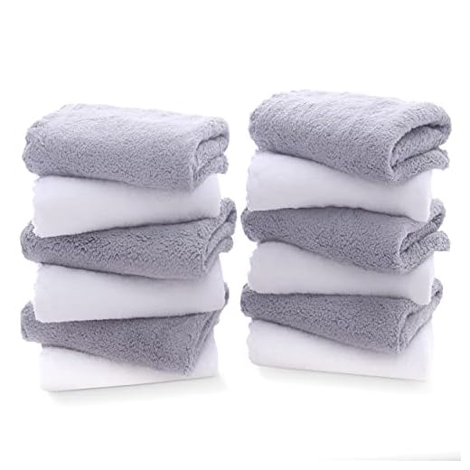 12 Pack Premium Washcloths Set - Quick Drying- Soft Microfiber Coral Velvet Highly Absorbent Wash Clothes - Multipurpose Use as Bath, Spa, Facial, Fingertip Towel (Grey and White)