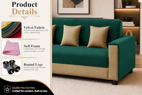 Image of Modern 3 Seater Sofa | Contemporary Upholstered Couch | Premium Cushioned Seating | Stylish Armrest Design | Comfortable Sofa for Living Room, Bedroom & Office - Green + Beige Color