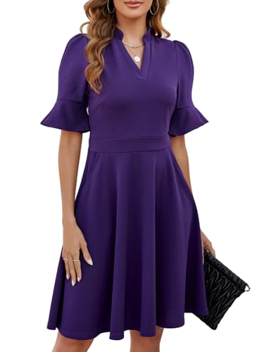 Image of Mokayee Womens Summer V Neck Ruffle Short Sleeve Fit and Flare Knee Length Church Wedding Guest Dresses with Pockets