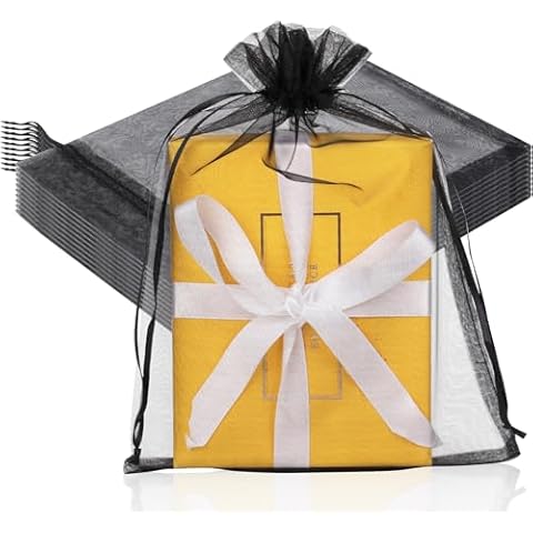 Hopttreely 100pcs Sheer Organza Gift Bags, 6X9 Inch Black Mesh Drawstring Pouch for Wedding Party Favor Jewelry Gift Bags Cover