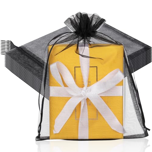 Image of Hopttreely 100pcs Sheer Organza Gift Bags, 6X9 Inch Black Mesh Drawstring Pouch for Wedding Party Favor Jewelry Gift Bags