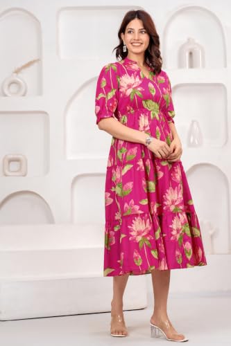 Image of Dress for Women | One Piece for Women | Long Stylish Women Dress Fit & Flare Maxi Dress, Cotton Summer Calf Length Dress