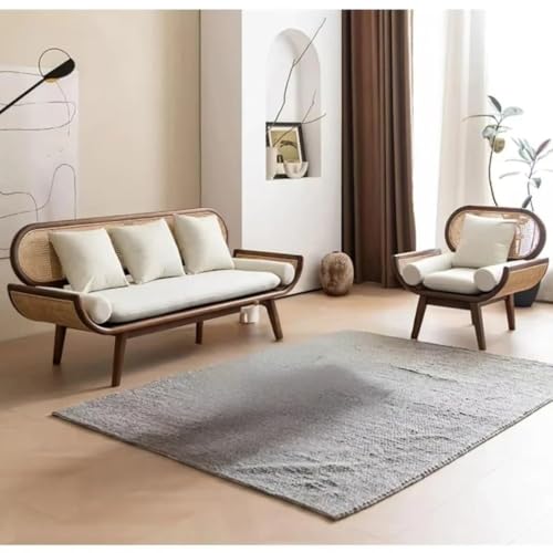 Image of Modern Rattan Cane Sofa with Curved Arms Wooden Frame, Beige Cushions and Throw Pillows Sofa for Living Room, Bedroom, Hallways (3+1 Seater)