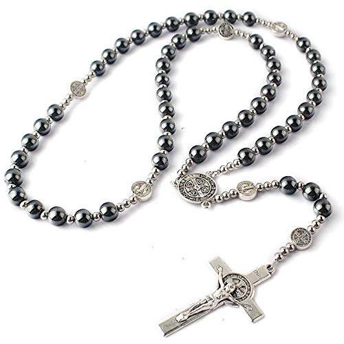 Hanlincc 8Mm Hematite Rosary Black Stone Beads With 4Mm Stainless Steel Beads And St.benedict Metal Beads Rosary Necklace With Medal & Cross For Men And Womens (St. Benedict Rosary On Steel Wire) #TOP3