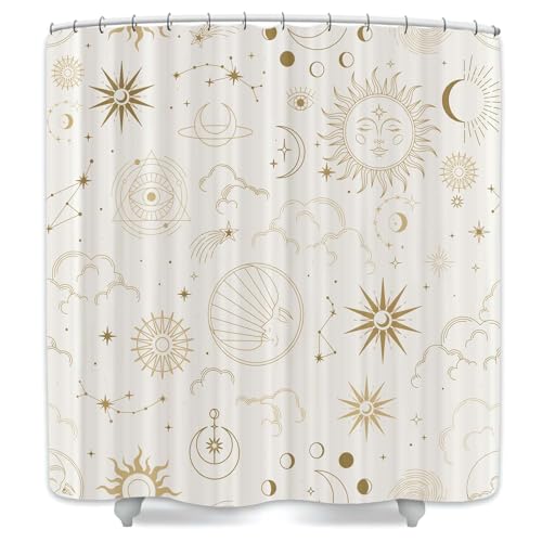 Hajmsug Boho Sun Moon Phase Shower Curtain，Mysterious Constellation Astrology Beige Crescent Tarot Celestial Gothic Shower Curtain Set,Polyester Shower Curtains with Hooks,71x71 Inch.