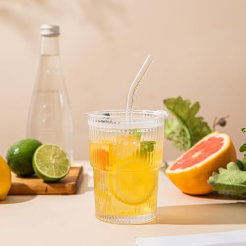Image of KHOLAD Glass Water Tumbler with Straw and Lid Sealed Carry On Thick Wall Iced Coffee Sipper Cup Glass Cup for Water, Iced Tea Fruit Juice Set of 1, 400ml (Clear)