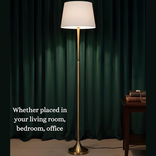 Image of Modern Metal Floor Lamp with Fabric Shade | Antique Brass Finish Standing Lamp | E27 LED Bulb Compatible | 52 Inch Tall Decorative Floor Light for Living Room, Bedroom & Office