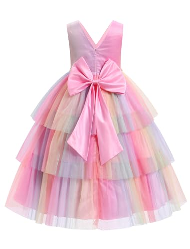 Girls Formal Dress Sleeveless V-Neck Sparkle Bowknot Pearls Tiered Tulle Tutu Dress Party Wedding Flower Girl Dress Rainbow 6-7Y