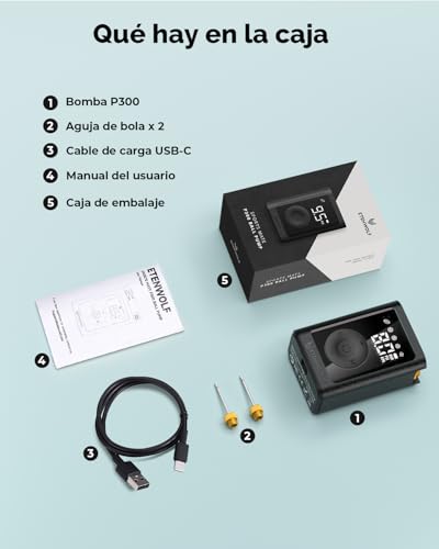 Miniatura 8 de Etenwolf Bomba De Aire Eléctrica Para Pelotas 0,14-1,17 Bar, Inflado Y Desinflado Con Manómetro De Precisión, Bomba De Aire Recargable Para Balones, Bomba Para Balón De Fútbol P300, Black