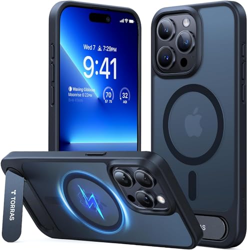 Image of TORRAS Magnetic Flush Stand for iPhone 15 Pro, Military Grade Drop Tested, Slim Light Frosted Case with MagSafe (6.1 inch), Black