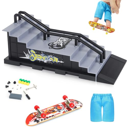 KETIEE Mini Finger Skateboards Ramp: Skate Park Kit Training Props with Fingerboard & Mini Finger Shorts for Interactive Freestyle Skate Game, Finger Boards for Kids Adults (F, Grey)