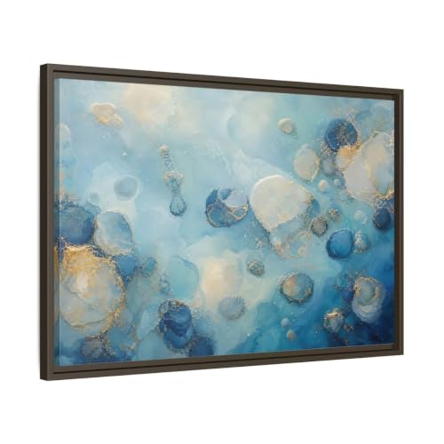 Tableau bleu et or fluide de 75x50 cm avec un cadre marron expresso