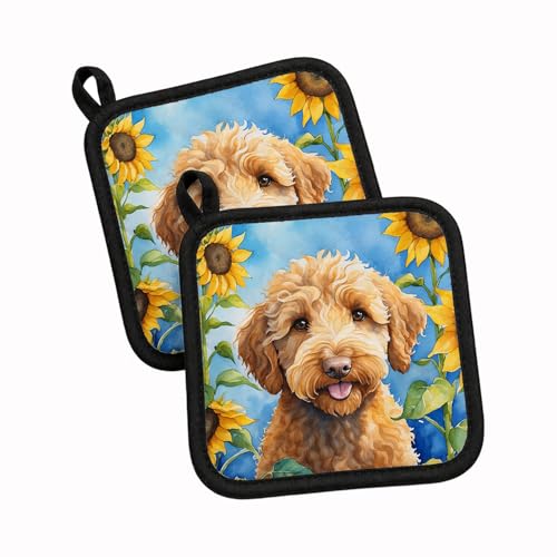 Caroline's Treasures Labradoodle in Sunflowers Pair of Pot Holders Kitchen Heat Resistant Pot Holders Sets Oven Hot Pads for Cooking Baking BBQ, 7 1/2 x 7 1/2