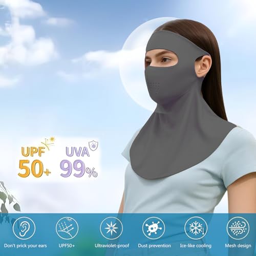 PROUDDEMON UPF 50+ Ice Silk Cooling UV Face Mask Unisex - Breathable Sun Protection Balaclava for Outdoor Sports(Grey)3