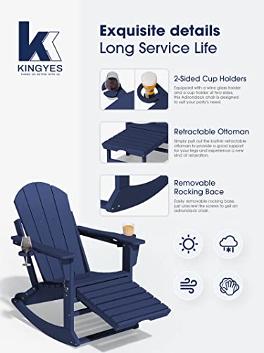 Kingyes Folding Adirondack Rocking Chair With Retractable Ottoman&Dual Cup Holders, 4-In-1 Multifunctional Adirondack Rocking Chair Outdoor For Porch Patio And Lawn, Blue #TOP1