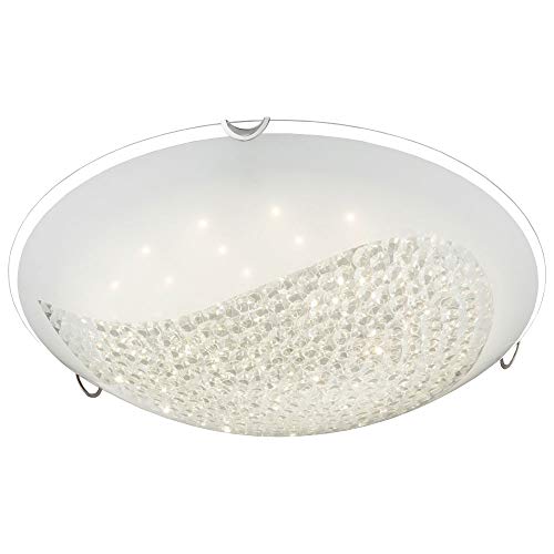 Lámpara de techo de metal blanco, pinzas cromo, Vidrio Opalino con cristales transparentes, borde transparente, D: 400, H: 110, incluye 1 x LED 18 W 57,6 V, 1620lm, 4000 K