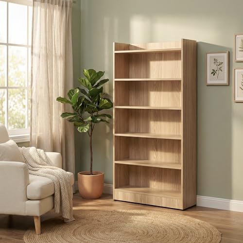 Image of Apex 5-Tier Bookshelf & Display Rack, Modern Open Storage Organizer for Living Room, Office & Library, 62.5x23.5x130cm (Light Oak)