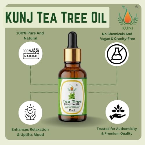 Image of KUNJ Tea Tree Essential Oil for Acne Care, Dandruff, Hair & Scalp Care 10ml | 100% Pure Steam Distilled Tea Tree Oil for Face, Nails, Diffuser & Aromatherapy | Natural Essential Oil
