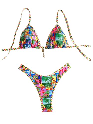 Bikini string coupe haute multicolore au motif tropical haut de gamme