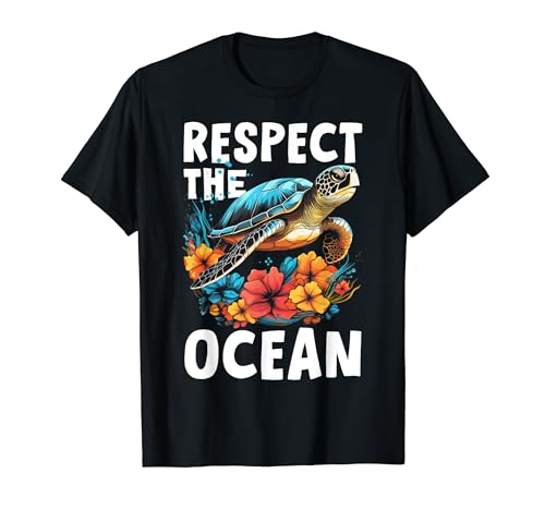 Respect The Ocean Sea Turtle Surfer Scuba Diving Flowers T-Shirt