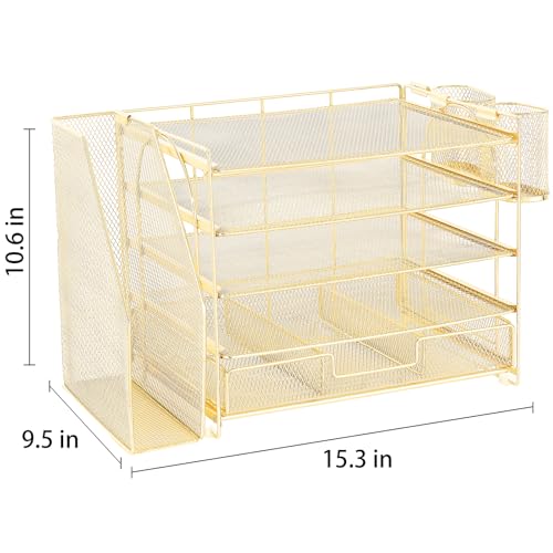 Image of OPNICE Desk Organizer, 5-Tier Paper File Organizer with Drawer & Pen Holder, Office Desk Accessories, Workspace Desktop Organizer for Office Supplies(Gold)