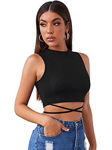 Shein Women's Crisscross Tie Back Crop Top Sleeveless Round Neck Tank Tops Black Medium #TOP2
