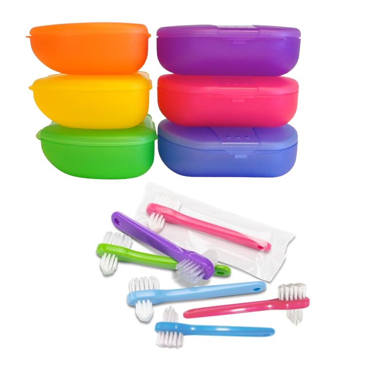 AmeriCan Goods 6/Pk Pro Retainer Box Tropical Assorted Color Holders with 6/Pk Mini Denture Brushes Clean & Care Set Retainer Case with Brushes