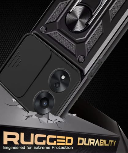 Image of WOW IMAGINE Tough Armor Bumper Mobile Back Case for Oppo A78 5G | Sliding Camera Shield Cover | Shock Proof 360 Protection | Hybrid PC + TPU | Ring Holder with Kickstand - Black
