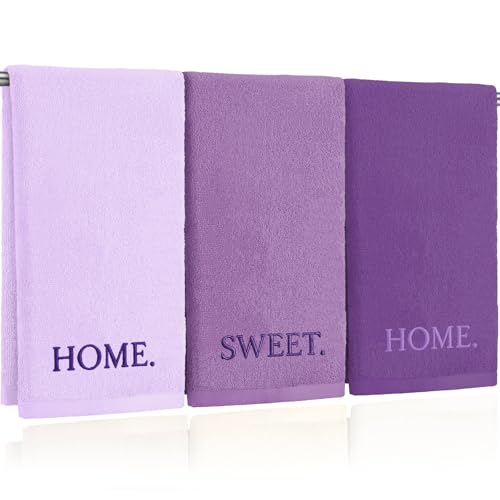 FuWeave 3 Pcs Farmhouse Decorative Hand Towels for Bathroom and Kitchen Rustic Embroidered Cotton Hand Towels Decorative Set for Boho Bathroom Decor(Purple Home Sweet Home)